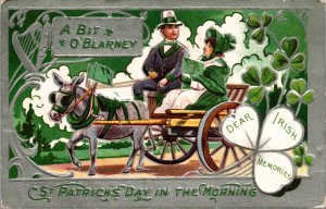 St. Patrick's Day Postcard Couple in Horse Donkey Pulled Card Irish Shamrock