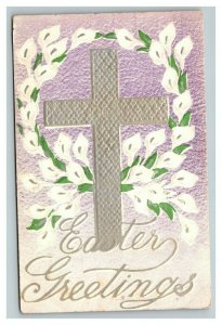 Vintage 1900's Easter Postcard Silver Cross & Lettering White Floral