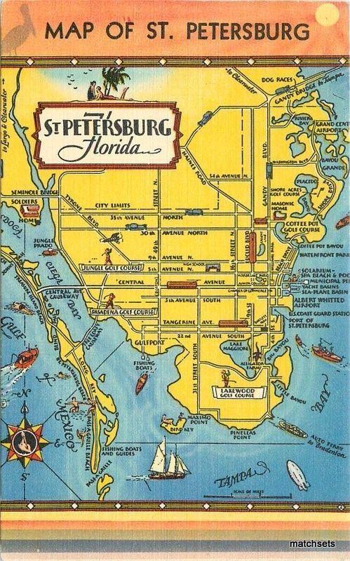 1940s Map Attractions St Petersburg Florida Hartman Eastman linen postcard 3998