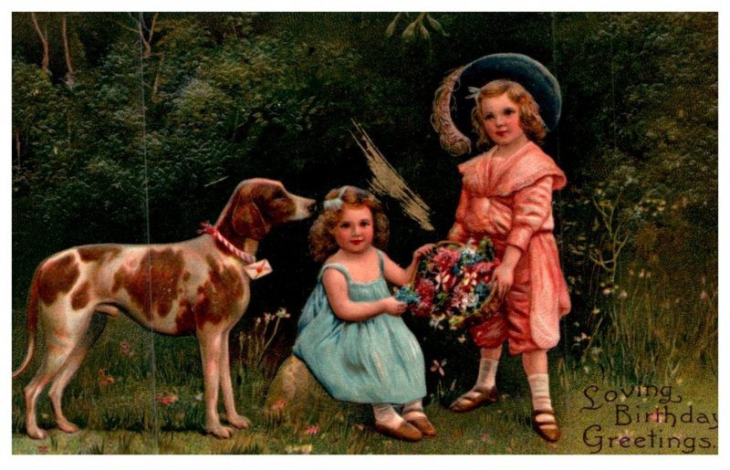 Dog ,  2 little girls, Birthday Greetings