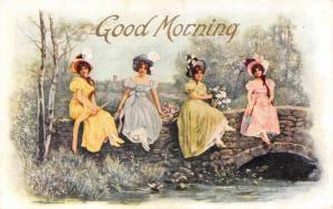 Good Morning  FOUR PRETTY LADIES Fancy Dresses~Hats~Parasols    c1910's Postcard