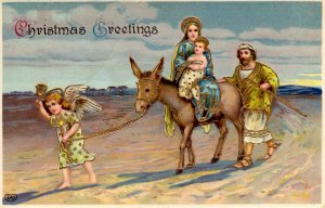 Christmas Greetings - Baby Jesus with Angel Leading Them - Gold, embossed