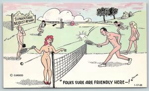 Postcard Nudist Comic Card Sunantans Nudist Resort Playing Tennis Sunbather F04