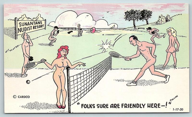 Postcard Nudist Comic Card Sunantans Nudist Resort Playing Tennis Sunbather F04