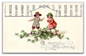 Children Playing Holly Merry Christmas Silver Foil Embossed UNP DB Postcard R10