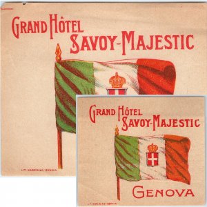 x2 LOT 1930s Genova Italy Luggage Label Grand Hotel Savoy-Majestic Genoa 5D