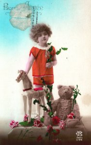 Vintage Postcard Bonne Annee Littel Girl With Play Toys Greetings Wishes Card