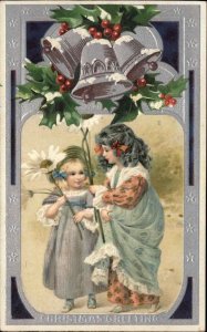 Christmas Beautiful Little Girls Gather Flowers Bell Border c1910 Postcard