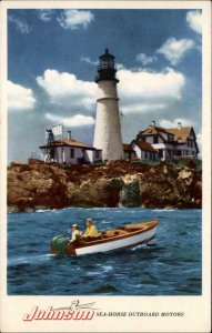 Johnson Sea-Horse Boat Motor & Lighthouse c1940s Postcard