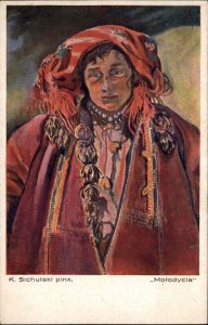 K Sichulski Poland Polish Woman Motodycle c1910 Vintage Postcard