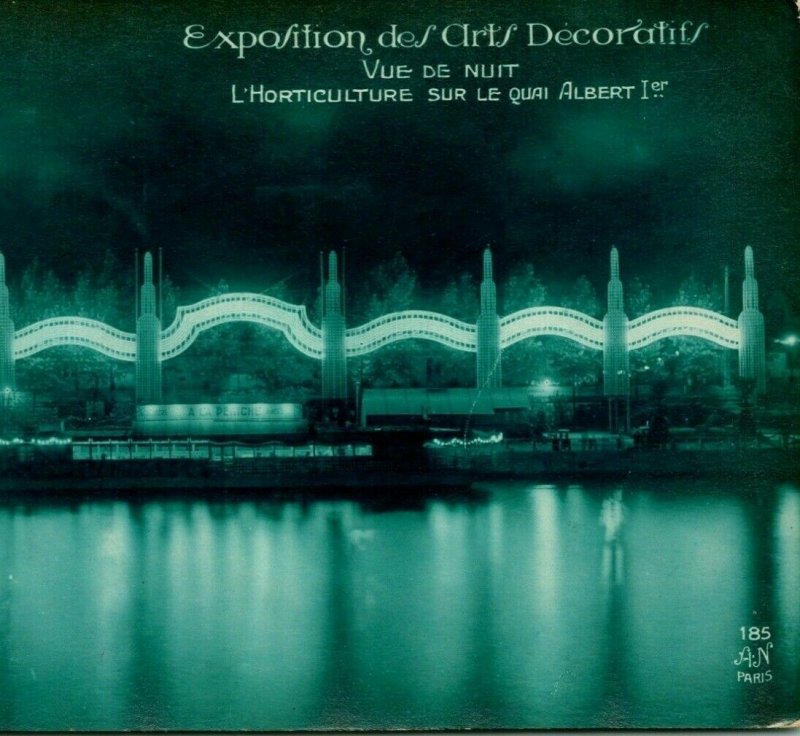 1925 RPPC Paris Exposition Des City Decoratifs Horticulture on Quai Albert Night