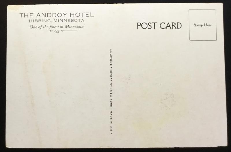 Postcard Unused The Androy Hotel Hibbing MN LB