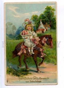 245431 BIRTHDAY Charming Girl on HORSE pony Vintage Color PC