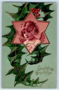 Christmas Postcard Greetings Angel Star Holly Berries Embossed Battle Creek IA