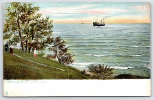Milwaukee WI Couple & Victorian Lady on Shore of Lake Michigan~Steamship~TUCK