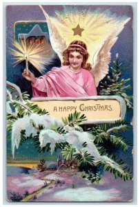 1910 Christmas Angel With Candle Light Pine Leaf Winter Embossed Tuck's Postcard 