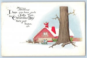 c1910's Christmas Santa Claus Children Riding Deer Sled Winter Scene Postcard
