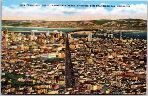 San Francisco CA-California, From Twin Peaks Vista, Showing Bay Bridge, Postcard