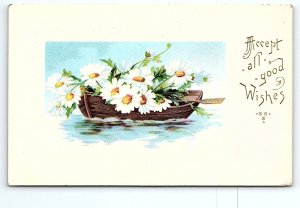 c1910 ALL GOOD WISHES ROW BOAT FULL OF DAISES ON LAKE POSTCARD 46-51