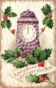 A Merry Christmas and A Happy New Year Clock Greetings, Vintage Postcard