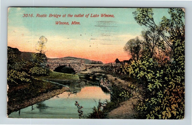 Winona MN, Sunset, Lake Outlet, Rustic Bridge, Vintage Minnesota Postcard