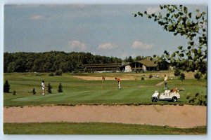 c1960 Cable Wisconsin WI Postcard Telemark Lodge Exterior View Golf Course Cart