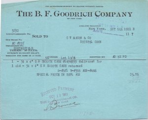1911 Antique Letterhead - The B.F. Goodrich Company - New York