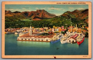 Postcard Honolulu HI c1942 Aloha Tower and Harbor US NAVAL CENSOR US NAVY Linen