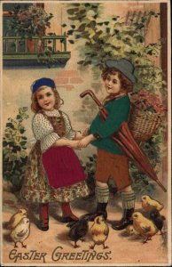 Easter Children Little Boy and Girl Real Fabric Silk Clothing c1910 Postcard