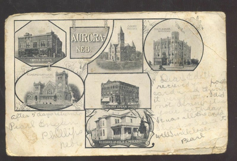 AURORA NEBRASKA MULTI VIEW CHURCH THEATRE DOWNTOWN VINTAGE POSTCARD