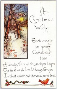A Christmas Wish, Winter Snowy Tree with Poem, Bird & Holly, Vintage Postcard