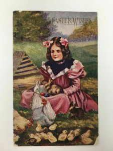 Easter Wishes Postcard Chicken Rabbit Chicks Girl in Dress