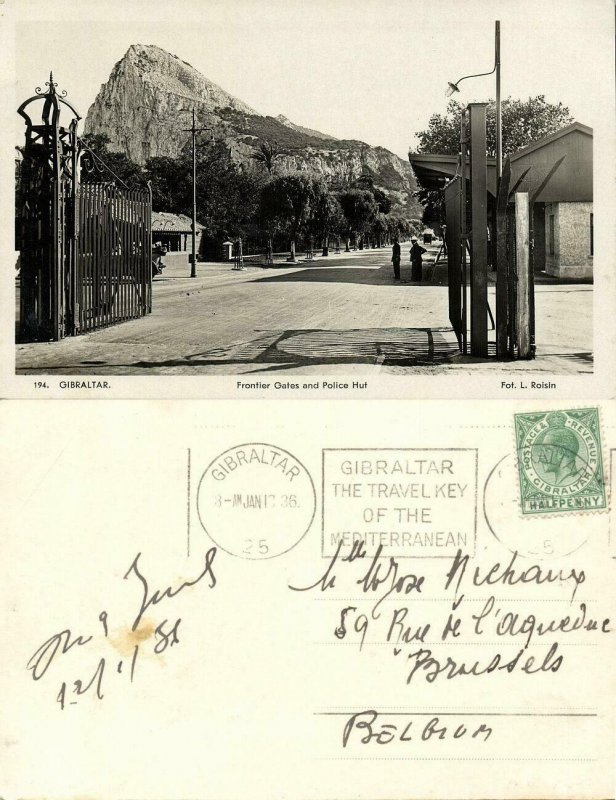 Gibraltar, Frontier Gates and Police Hut (1936) RPPC Postcard