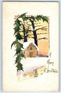 Christmas House Winter Scene Holly Berries Hand Drawn Art Antique Postcard