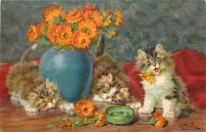 Cat Art Postcard 161. A/S D. Merlin; Fluffy Kittens Play Around w/Orange Flowers