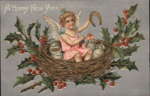 New Year Fantasy Fairy in Bird's Nest with Bags of Money c1910 Vintage Postcard