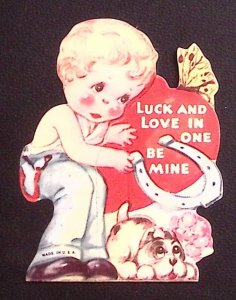 1930s VALENTINES DAY DIE CUT CARD HORSE SHOE PUPPY LUCK AND LOVE BOY  Z528