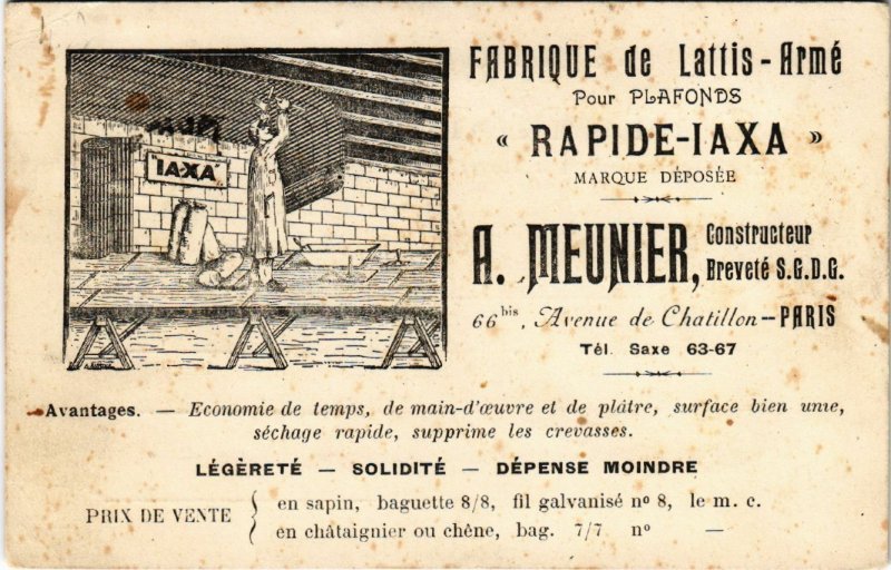 PC CPA ADVERTISING, A. MEUNIER, FABRIQUE DE LATTIS-ARMÉ, POSTCARD (b9848)