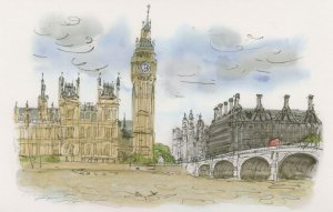 Westminster Palace Clock South Bank London Painting Postcard