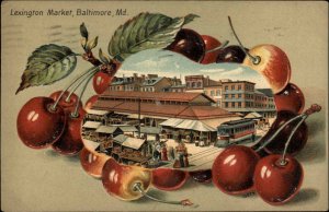 Baltimore Maryland MD Lexington Market Embossed Cherry Border Postcard