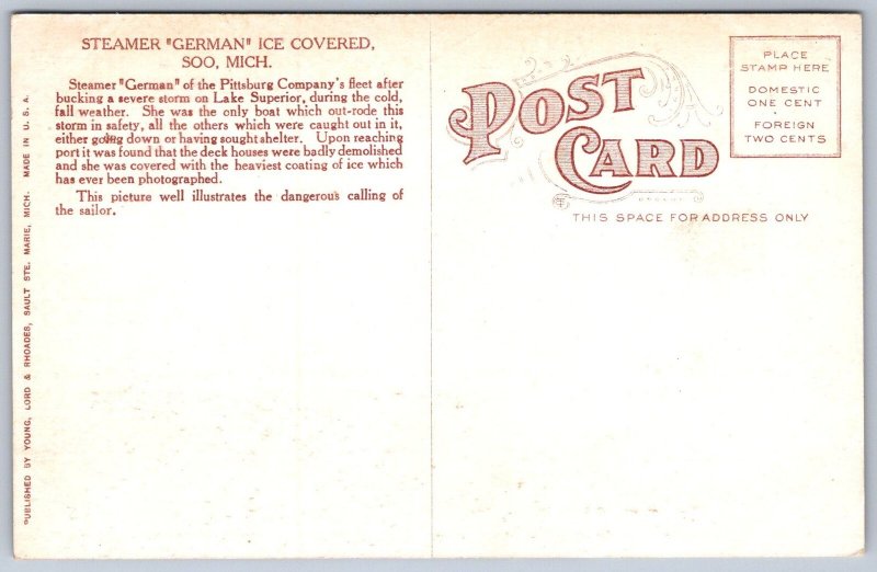 K24/ Soo Michigan Postcard c1910 Steamer Ship German Winter Ice 191