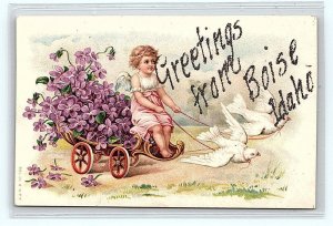 Greetings From BOISE, ID Idaho ~ CUTE ANGEL & FLOWERED CART 1908 Postcard