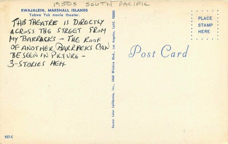 Kwajalein Marshall Islands South Pacific 1950s Movie Theater Postcard 21-12912