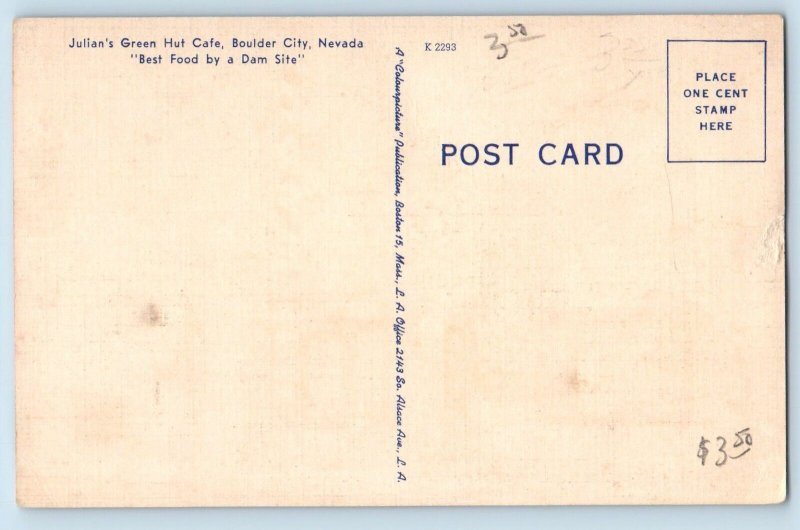 Boulder City Nevada Postcard Julian's Green Hut Cafe Dam c1940 Vintage Antique