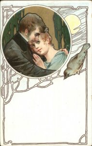 Art Nouveau Romance Moonlight Beautiful Woman Bird c1910 Postcard