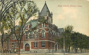 c1910 Chromolithograph Postcard;  High School, Clinton IA Horsedrawn Wagon