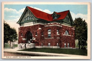 Defiance Ohio~Public Library St View~Stone Bldg~Bicycle~Tudor Revival~1920s PC