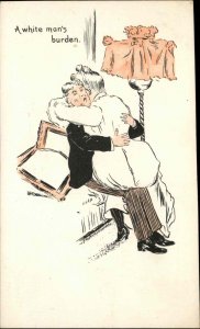 Fat Woman Snuggling Man White Man's Burden c1910 Vintage Postcard