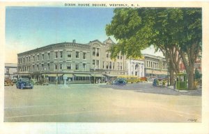 Westerly Rhode Island Dixon  House Square, Old Cars, Yellow Bus Postcard Unused