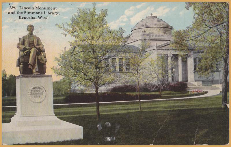 Kenosha, WIS., Lincoln Monument & the Simmons Library - 1913